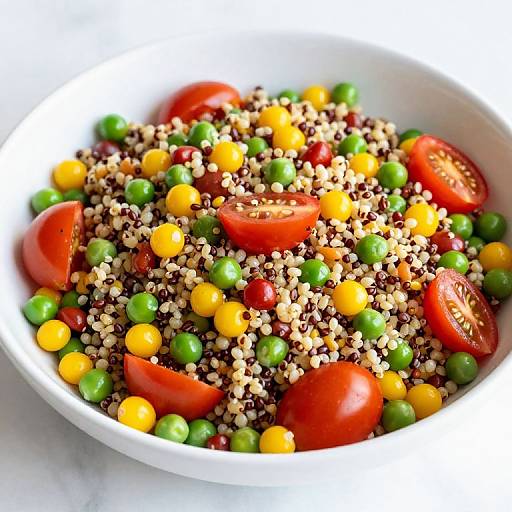 Photograph of a vibrant white bowl filled with colorful quinoa salad, featuring red cherry tomatoes, yellow corn kernels, green peas, and mixed quinoa