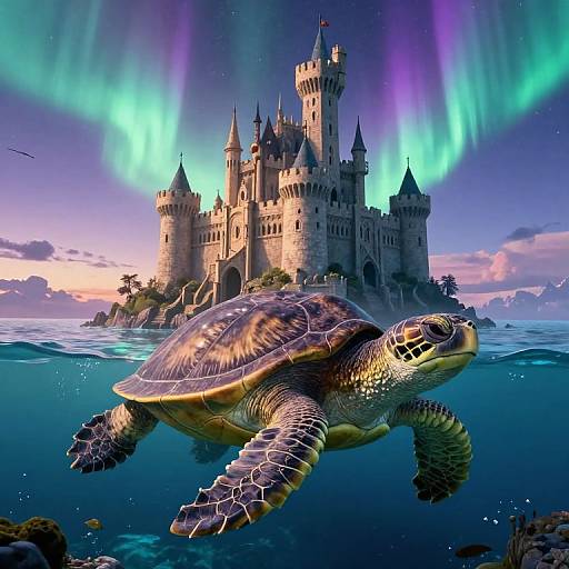 Digital art of a turtle swimming near a fantasy castle under vibrant aurora borealis, with blue and purple lights illuminating the night sky.