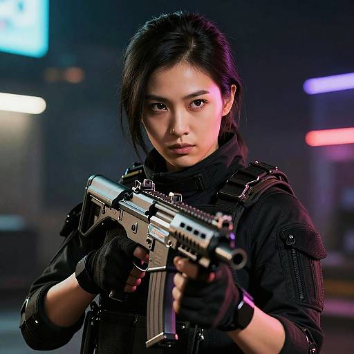 Photograph of an Asian woman with black hair, intense expression, holding a futuristic assault rifle, wearing black tactical gear, in a neon-lit urban