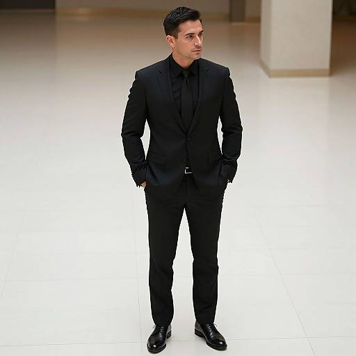 Photograph of a serious, dark-haired man in a black suit, black shirt, and black gloves standing against a bright white, minimalist background.