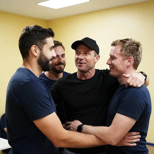 Group of Men Hugging Indoors