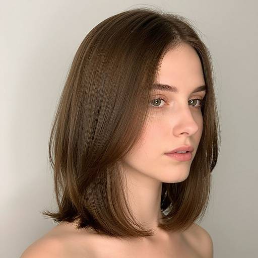 Photorealistic CGI portrait of a young woman with straight, shoulder-length brown hair, fair skin, and subtle makeup, against a plain white background.