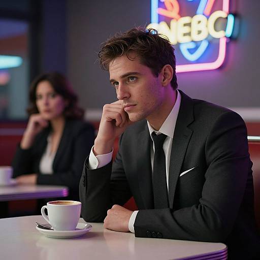 Man in Suit at Neon Diner