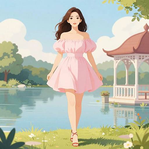 Digital anime-style drawing of a smiling woman with long brown hair, wearing a pink off-shoulder dress and sandals, walking by a serene lake with