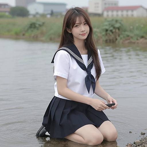 Serene Japanese Woman in Shallow Water
