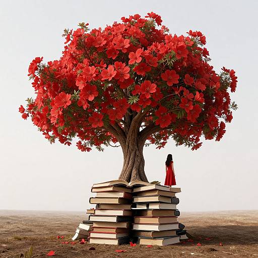Digital art of a vibrant red-flowered tree with a stacked book pile at its base, and a small, red-robed figure standing beside it against