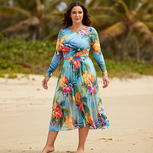 Photograph of a curvy woman with medium skin tone, wearing a colorful floral dress, standing barefoot on a sandy beach with palm trees in the