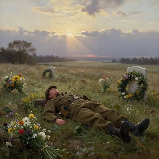Photograph of a soldier in a brown uniform lying in a grassy field at sunset, surrounded by floral wreaths and vibrant flowers. Sunbeams