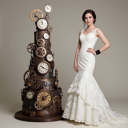 Photograph of a dark-haired woman in a white lace mermaid wedding dress, standing beside a tall, steampunk clock tower.