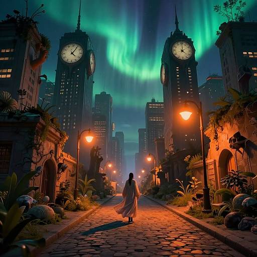 Digital artwork of a lone figure in a flowing dress walking down a cobblestone street under vibrant green aurora lights, flanked by tall clock-t