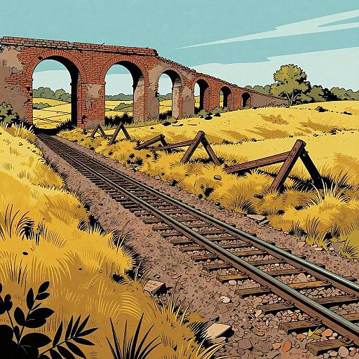 Colorful digital illustration of abandoned railway tracks leading to a weathered brick arch bridge in a golden-yellow grassy field.