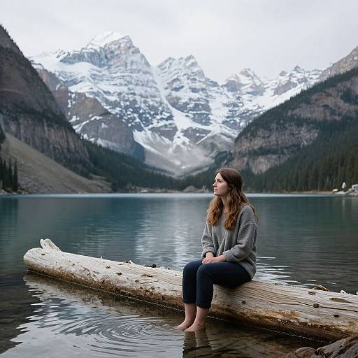 Serene Woman Gazing at Snowy Peaks