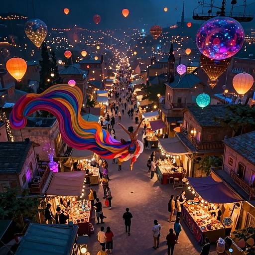 Photograph of a vibrant evening market with colorful hot air balloons, swirling rainbow lights, crowded stalls, and twinkling string lights.