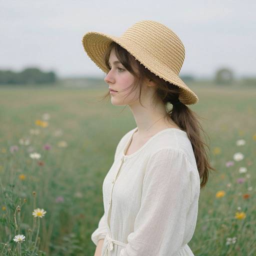 Young woman in white blouse and straw hat, standing in a blooming meadow, profile view, soft light, serene expression.