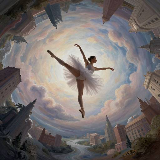 Digital painting of a ballet dancer in a white tutu, leaping amidst a swirling, sunlit sky above a surreal cityscape.