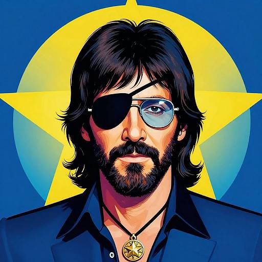 Digital illustration of a bearded man with black hair, eyepatch, blue glasses, dark shirt, and star-shaped yellow background.