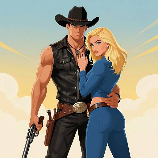 Muscular Cowboy and Blonde in Western Style