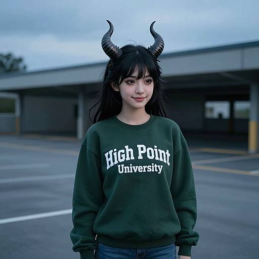 Photograph of a young woman with black hair, wearing horn headpieces, a green 