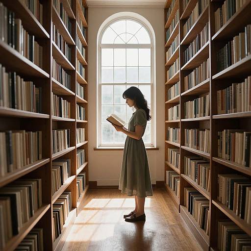 Photograph of a young woman with long dark hair, dressed in a green dress, reading a book in a sunlit library aisle with tall wooden book