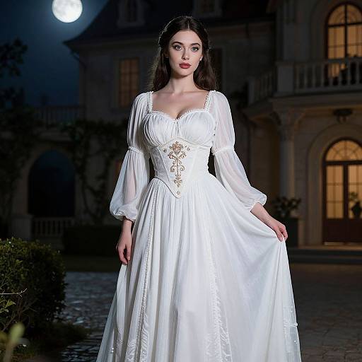 Photograph of a fair-skinned woman with dark hair in a white, long-sleeved, embroidered gown, standing under a moonlit, Gothic