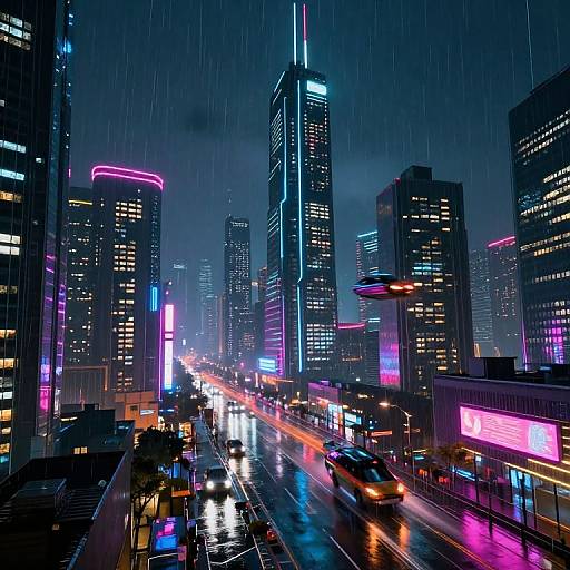 Neon-lit, rainy cityscape photograph of a bustling urban street at night, featuring colorful skyscrapers, glowing signs, and blurred car lights