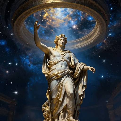 Photograph of a classical statue of a bearded, robed figure with raised arm, set against a cosmic background with stars and a glowing halo-like