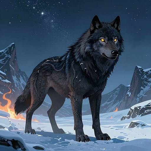 Digital art of a glowing-eyed black wolf standing in a snowy, mountainous landscape at night, with orange flames in the background.