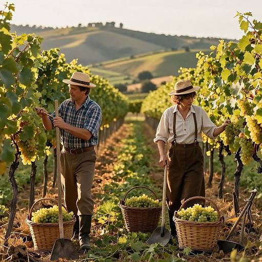 Photograph of two elderly male grape harvesters in hats and suspenders, collecting grapes in a sunlit vineyard with baskets on the ground. Rolling