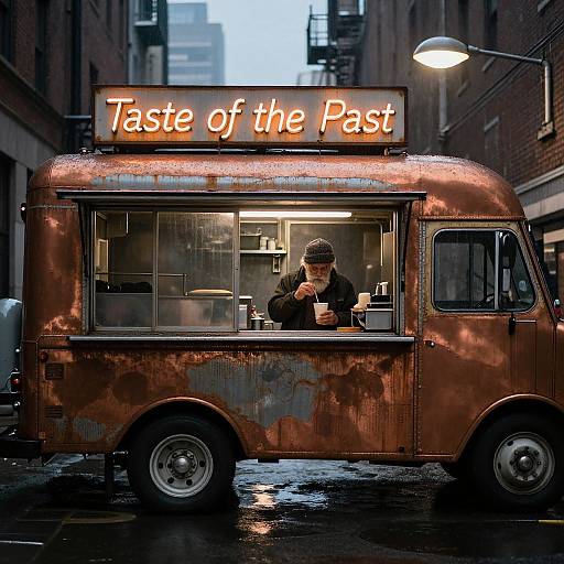 Vintage Food Truck on Rainy Evening