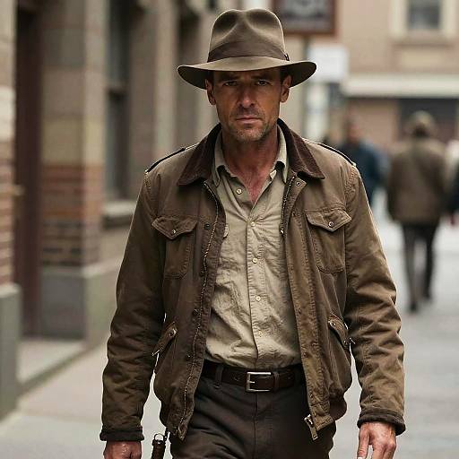 Man in Brown Jacket and Wide-Brimmed Hat Walking on Street