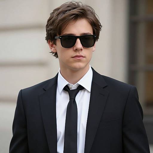 Photograph of a young, white man with brown, tousled hair, wearing black sunglasses, a black suit, white shirt, and black tie.