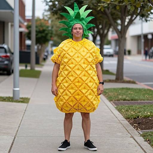 Photograph of a person in a yellow, textured pineapple costume with green leaf headpiece, standing on a suburban sidewalk.
