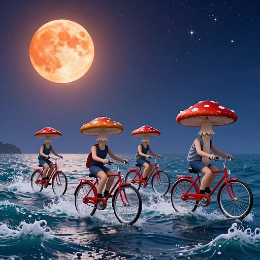 Whimsical Mushrooms Floating Above Waves