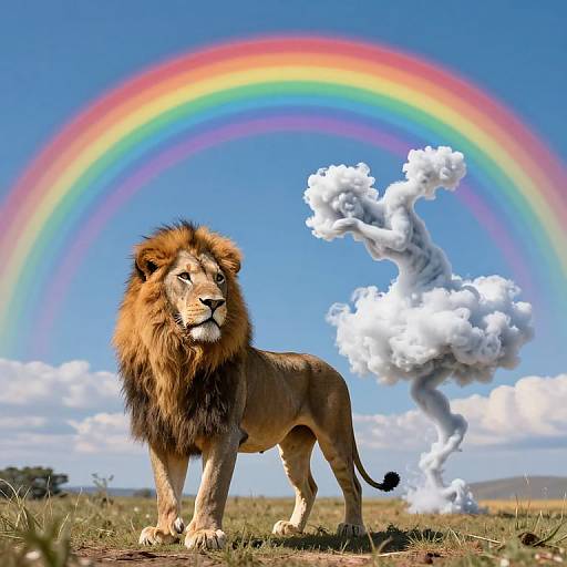 Photograph of a majestic male lion standing on grassy savanna, with a vibrant rainbow arching above and a surreal white cloud figure to the right