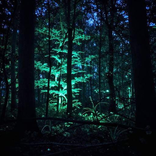 Photograph of a dense forest at night, illuminated by vibrant green and blue bioluminescent tree leaves, creating a mystical, glowing effect.