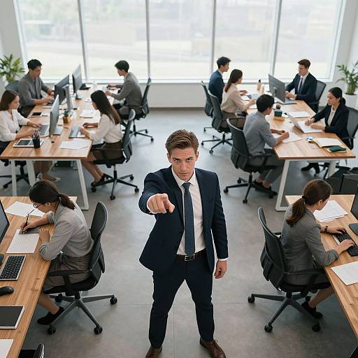 Photograph of a confident, brown-haired man in a navy suit and tie pointing forward in a modern, well-lit office with multiple people working at
