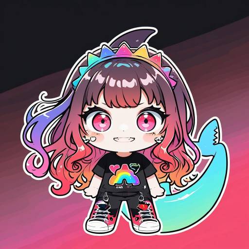 Vibrant Chibi Character with Shark Accessories