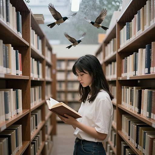 Photograph of an Asian woman with long black hair, wearing a white blouse and blue jeans, reading a book in a library aisle with wooden booksh