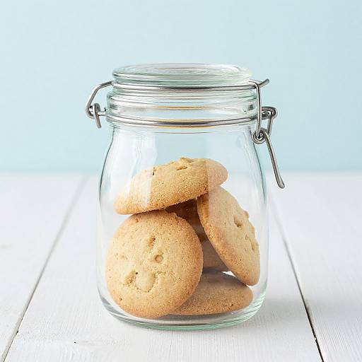 Photograph of five beige, slightly pockmarked cookies in a clear, glass jar with a metal clasp, set against a bright white and light