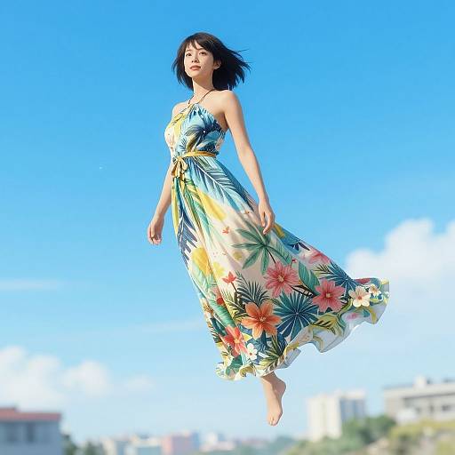 Photograph of an Asian woman with black hair, wearing a flowing, floral-patterned sundress, mid-air against a bright blue sky.