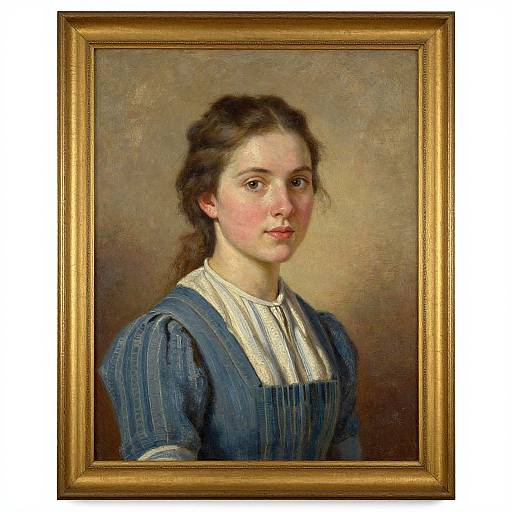 Oil painting of a young woman with fair skin, brown hair in a loose bun, wearing a blue puffed-sleeve dress with a white shirt