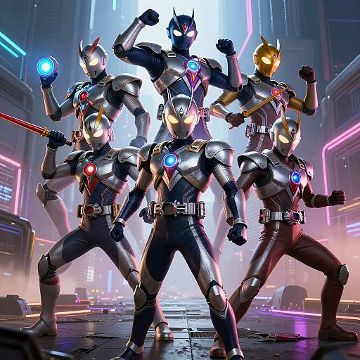 CGI image of six metallic Kamen Rider warriors in a neon-lit city, each holding glowing lights and striking dynamic poses.