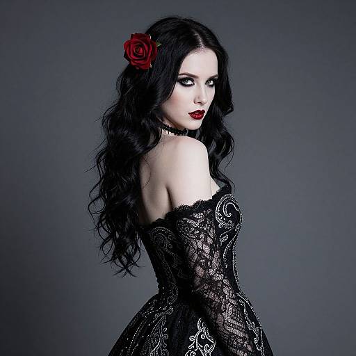 Photograph of a pale-skinned, dark-haired woman with long, wavy hair, red rose in hair, wearing a black lace off-should