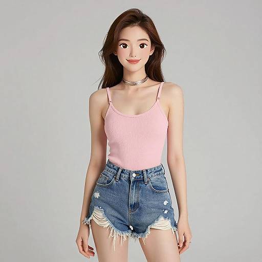 Photograph of an Asian woman with long brown hair, wearing a pink tank top and distressed denim shorts, standing against a plain white background.