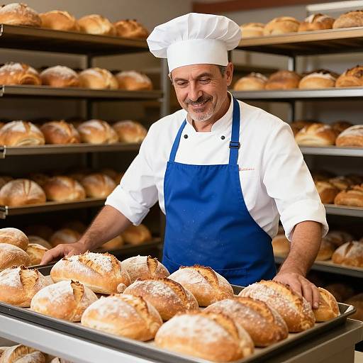 Photograph of a smiling, middle-aged male baker in white chef hat and blue apron, arranging freshly baked, dusted bread loaves on a