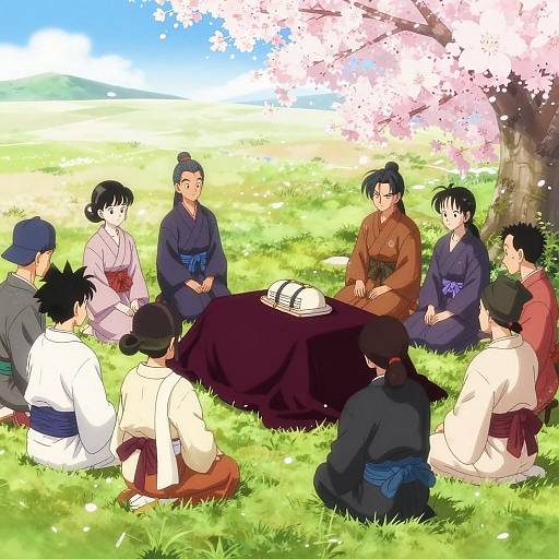 Anime-style digital illustration of a group of Japanese people sitting around a table under a cherry blossom tree in a grassy field. Bright colors, traditional clothing