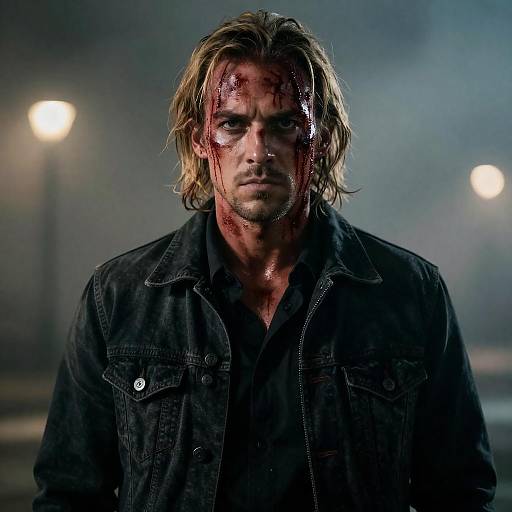 Bloodied Man with Intense Expression in Black Denim Jacket