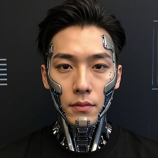 Photorealistic CGI portrait of an Asian man with black hair, wearing a futuristic, cybernetic face mask against a dark background.