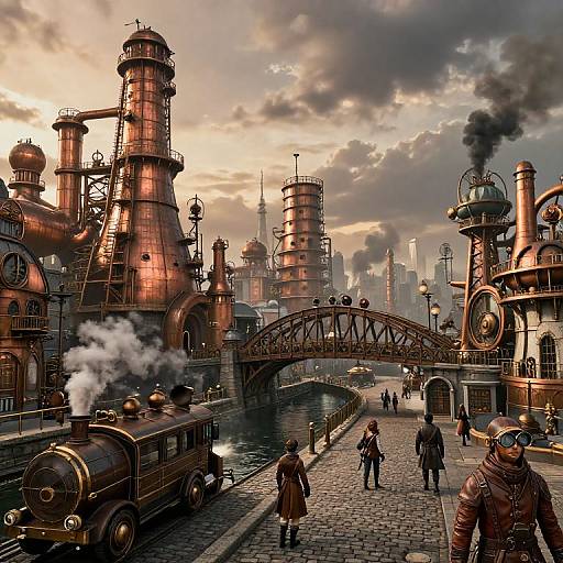 Steampunk industrial cityscape: copper pipes, smokestacks, vintage train, cobblestone street, people in Victorian clothing, arched bridge