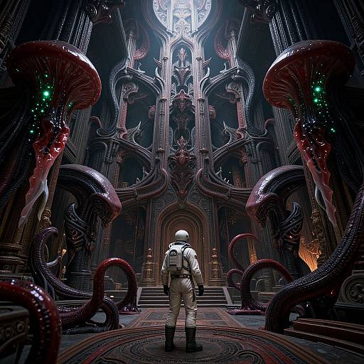 Sci-fi illustration: A lone astronaut in white suit stands before a dark, gothic cathedral with red, tentacle-like creatures and glowing green eyes,